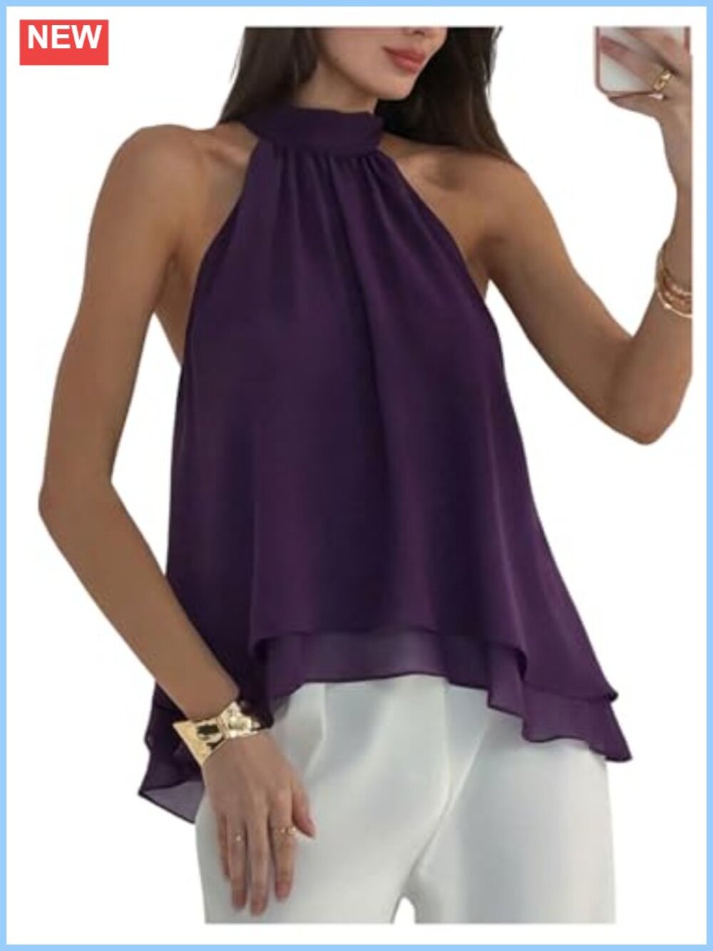 SHENHE Women's Lace Halter Neck Chiffon Sleeveless Asymmetrical Summer Tops